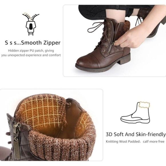 Stq Womens Solid Brown Vegan Combat Boots Quilted Leather 7 - Picture 2 of 9